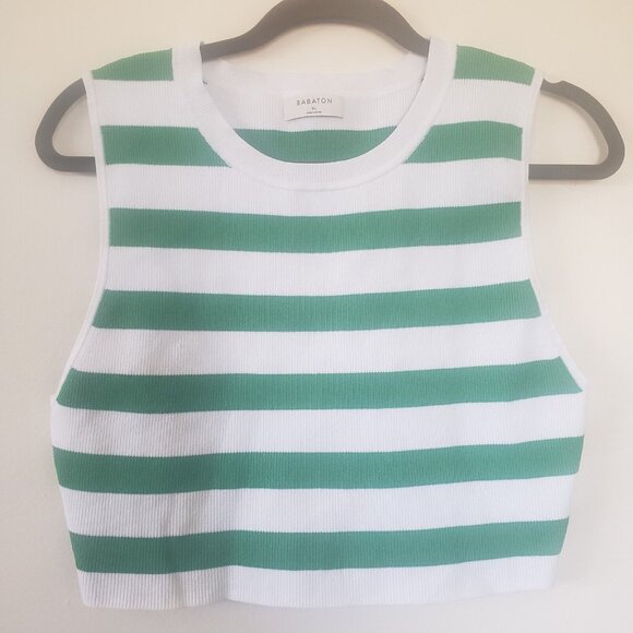 Aritzia Babaton Cropped Sweater Striped Sleeveless Ribbed XL Green White - Picture 2 of 5